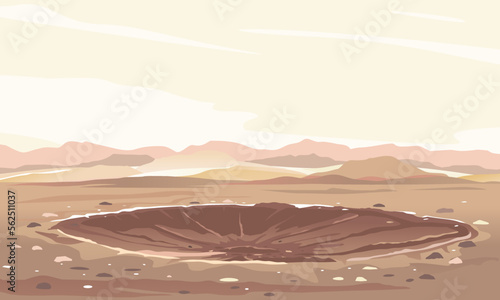 Meteor crater with cracks and stones at the bottom landscape background, nature disaster deserted place without water and without plants, climate change concept illustration, place of explosion