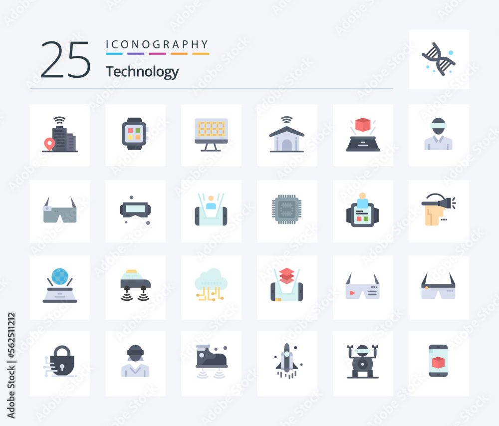 Technology 25 Flat Color icon pack including hologram. 3d. computer. technology. home