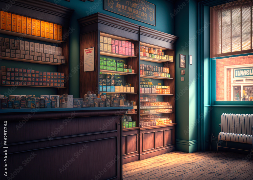 Tobacco shop interior. Fictitious text, logos and labels. Generative AI