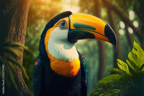 
photorealistic Portrait colored tropical toucan bird, forest in the background Cinematic landscape Generative ai photo