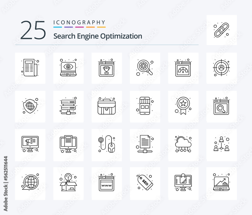 Seo 25 Line icon pack including speed. page. page quality. meter. search