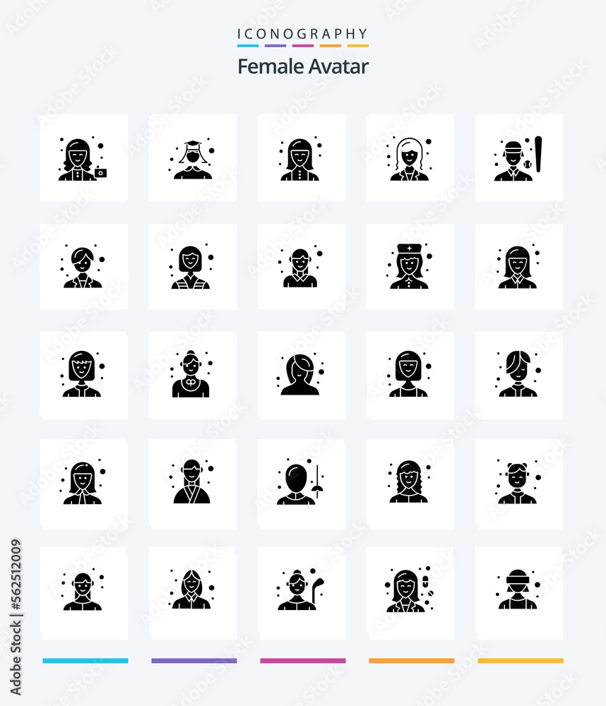 Creative Female Avatar 25 Glyph Solid Black icon pack  Such As lady. employee. woman. business. technician