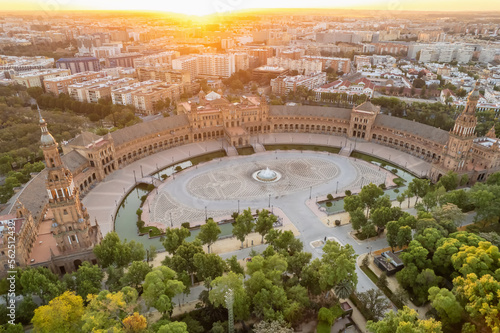 Plaza de Espana at sunrise in Seville, Spain. Aerial view
