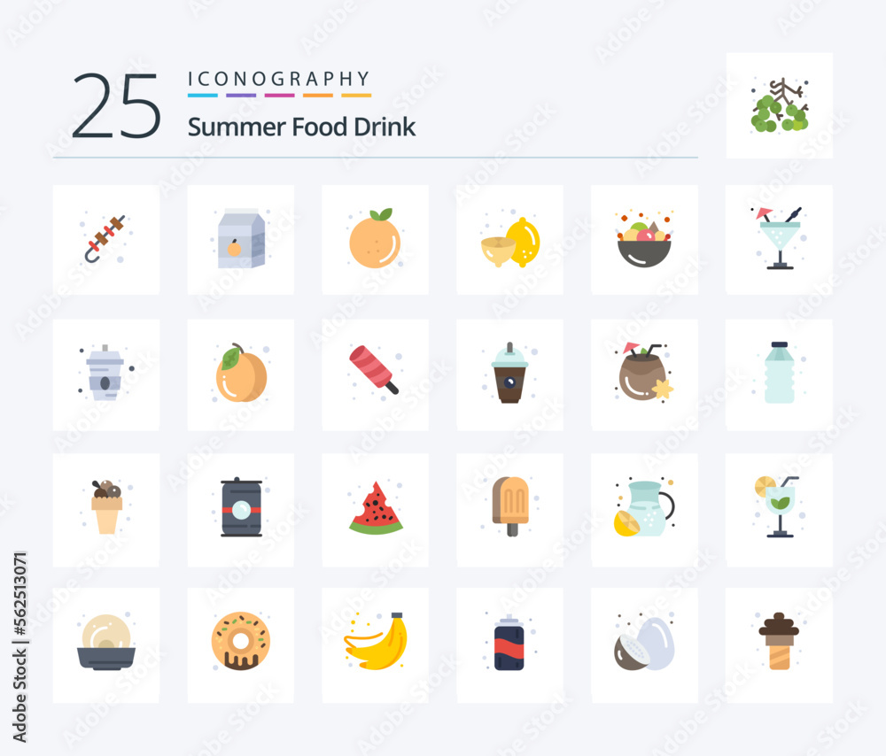 Summer Food Drink 25 Flat Color icon pack including fruit. food. milk. lemon. fruit