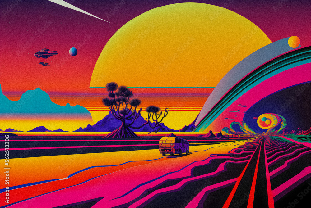 Obraz premium Hand drawn comic illustration, Retro and 90s style, Cosmos, Pop Art, Abstract, Crazy, and Psychedelic Background, granular texture. Generative AI 