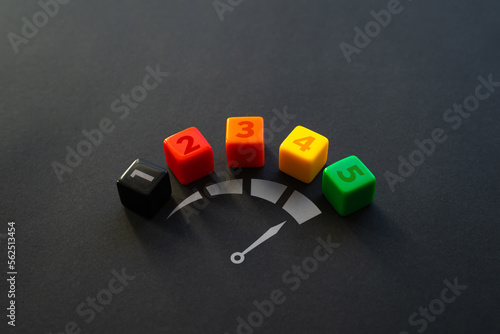 Achieve maximum results. Upgrade, level up. high energy efficiency. Achieve highest productivity stage. A good evaluation of the work. Optimism. Success indicator concept. Score from 1 to 5