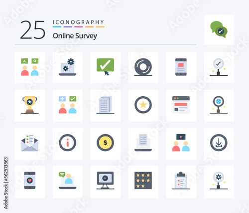 Online Survey 25 Flat Color icon pack including business. text. black. mobile. dvd