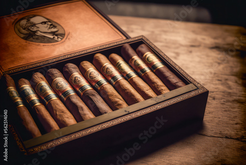 Box of cuban cigars on wooden table. Fictitious labels and logos Generative AI