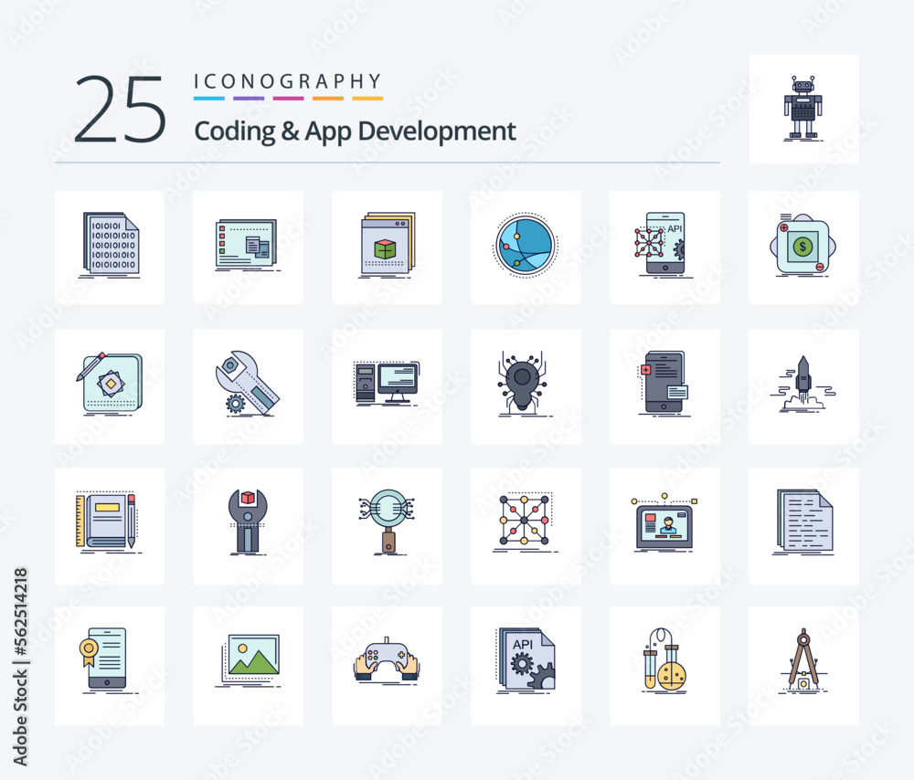 Coding And App Development 25 Line Filled icon pack including connection. worldwide. os. program. application - obrazy, fototapety, plakaty 