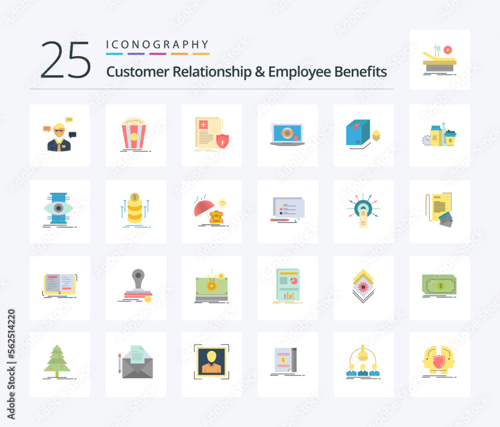 Customer Relationship And Employee Benefits 25 Flat Color icon pack including presentation. monitor. snack. laptop. medical