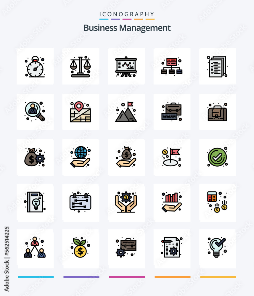 Creative Business Management 25 Line FIlled icon pack  Such As management. document. chart. business. management