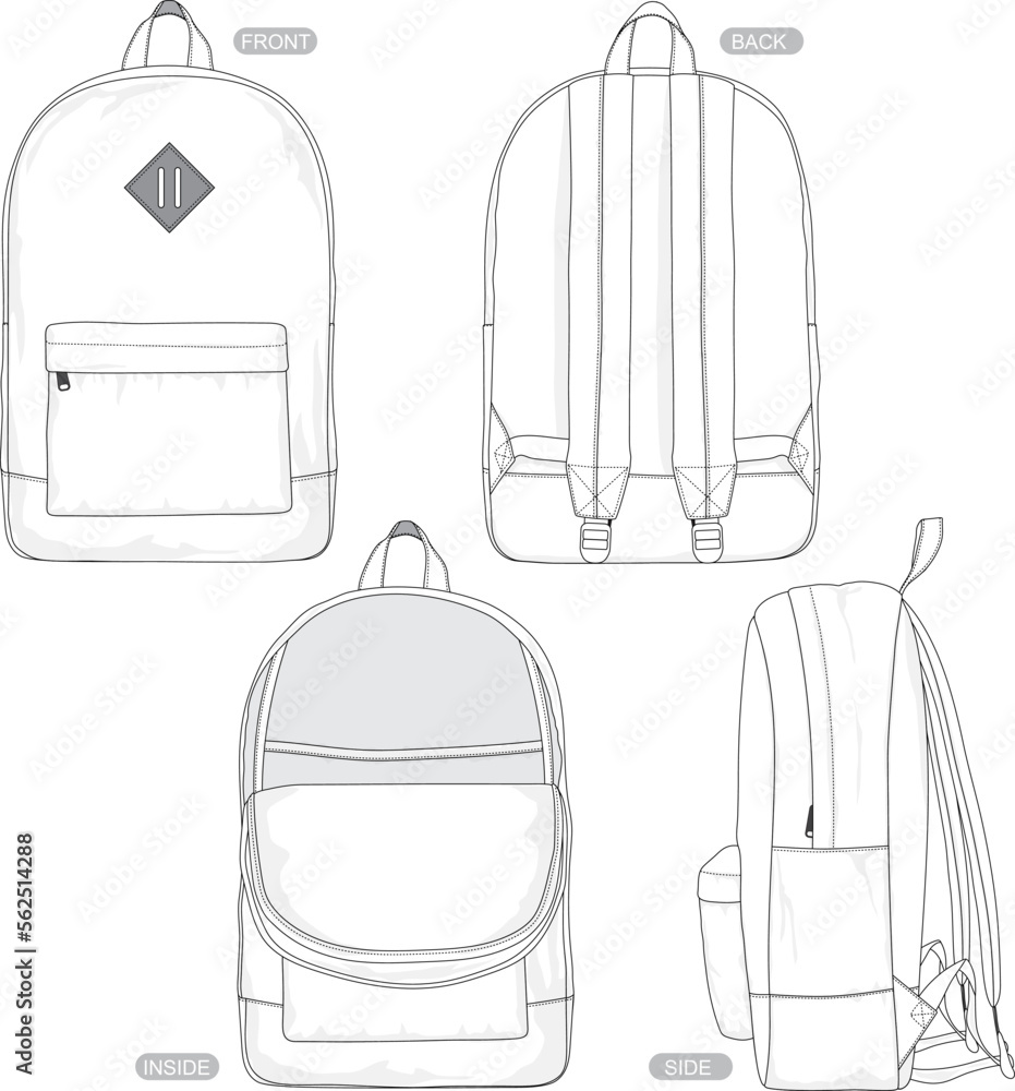 BLANK BACKPACK FASHION FLAT SKETCH MOCKUP TEMPLATE SET Stock Vector ...