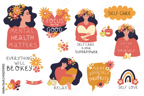 Set of vector illustrations. Psychological health. Self care ideas. The girl with flowers maintains her emotional health. Different positive and motivating hand lettering. photo