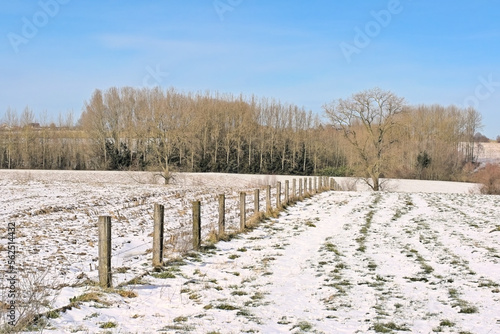 Snowy winter farm landscape under a cear blue sky near Munkzwalm, Flanders, Belgium