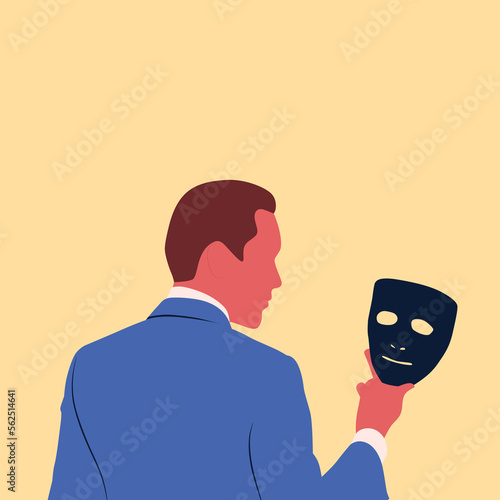 man holding mask and hiding his true fake emotions vector illustration