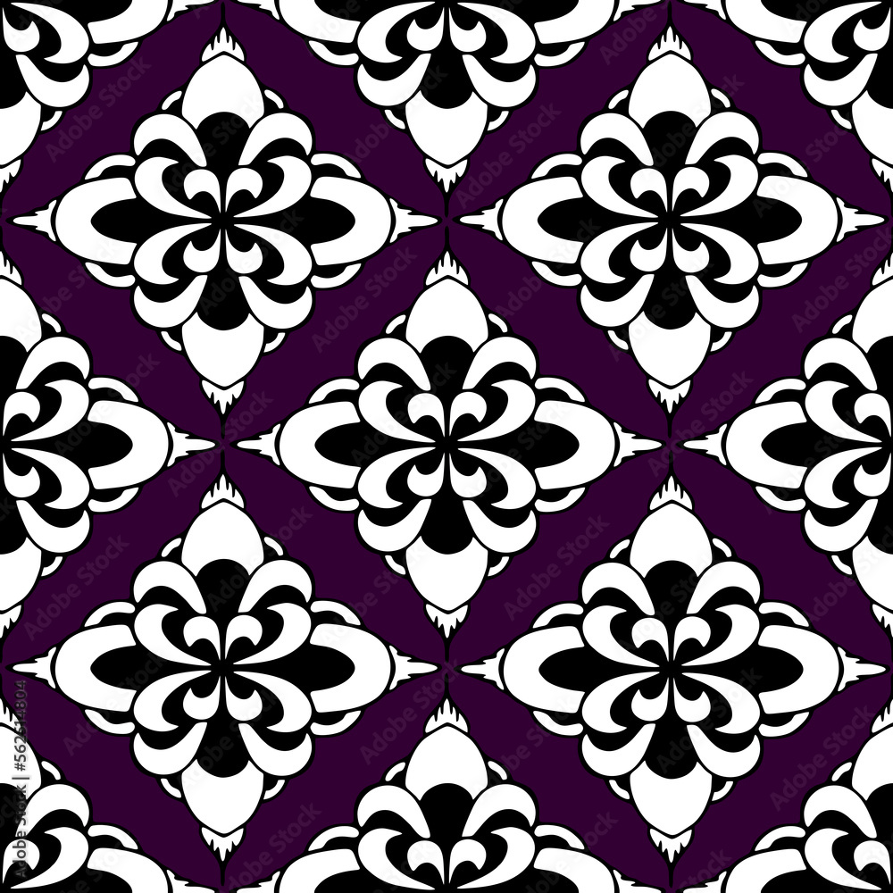 seamless symmetrical pattern of abstract black and white geometric shapes on purple background, texture seamless symmetrical pattern of abstract black and white geometric shapes on purple background, texture