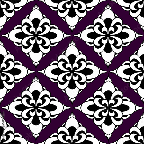 seamless symmetrical pattern of abstract black and white geometric shapes on purple background, texture