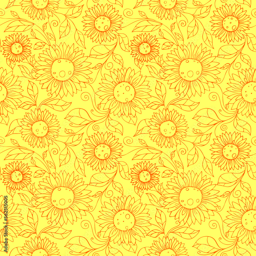 seamless pattern of orange contours of flowers on a yellow background, texture, design seamless pattern of orange contours of flowers on a yellow background, texture, design