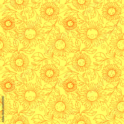 seamless pattern of orange contours of flowers on a yellow background  texture  design