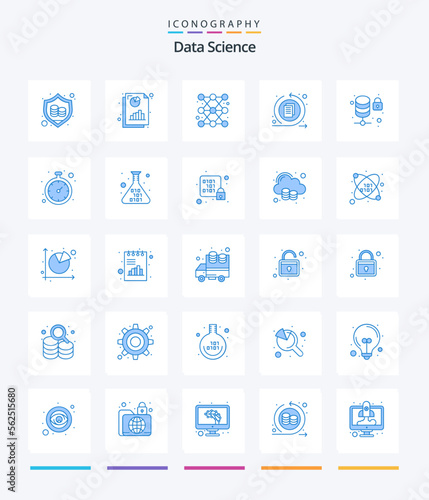 Creative Data Science 25 Blue icon pack Such As lock. data process. bar. interface. report
