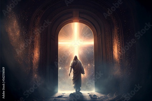 Jesus Christ walking towards heaven s gate  Generative AI