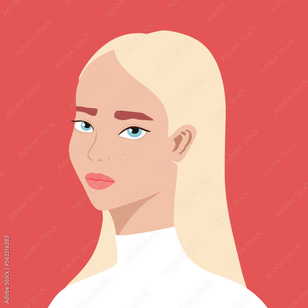 Portrait of a beautiful half turn woman. Young blonde girl. Fashion and beauty. Female. Avatar for social networks. Bright art. Flat style Portrait of a beautiful half turn woman. Young blonde girl. Fashion and beauty. Female. Avatar for social networks. Bright art. Flat style