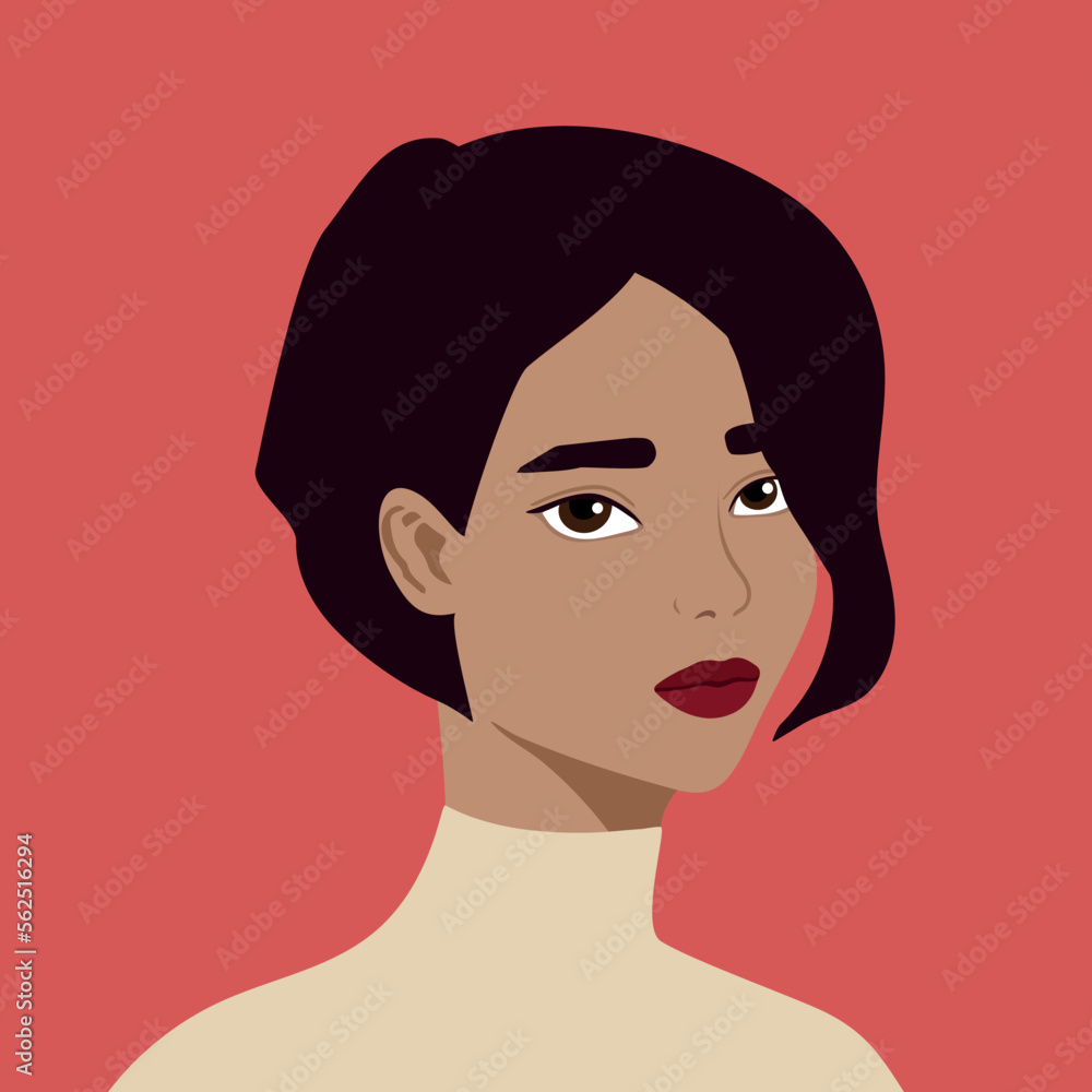 Portrait of a beautiful half turn Latin woman. Young brown haired girl with stylish haircut. Fashion and beauty. Female. Avatar for social networks. Bright art. Flat style Portrait of a beautiful half turn Latin woman. Young brown haired girl with stylish haircut. Fashion and beauty. Female. Avatar for social networks. Bright art. Flat style