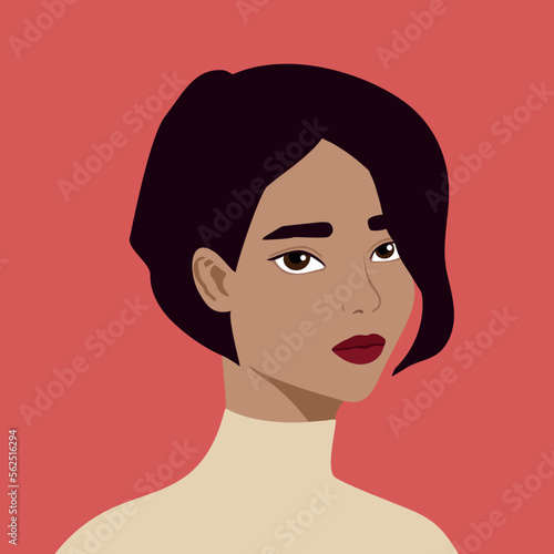 Portrait of a beautiful half turn Latin woman. Young brown haired girl with stylish haircut. Fashion and beauty. Female. Avatar for social networks. Bright art. Flat style © Mariia
