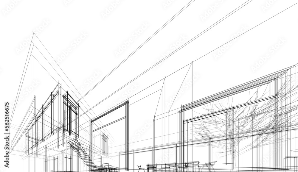 Modern house building architectural sketch 3d illustration Modern house building architectural sketch 3d illustration