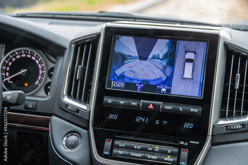 multimedia screen of the rear view camera and all-round visibility in an expensive SUV multimedia screen of the rear view camera and all-round visibility in an expensive SUV