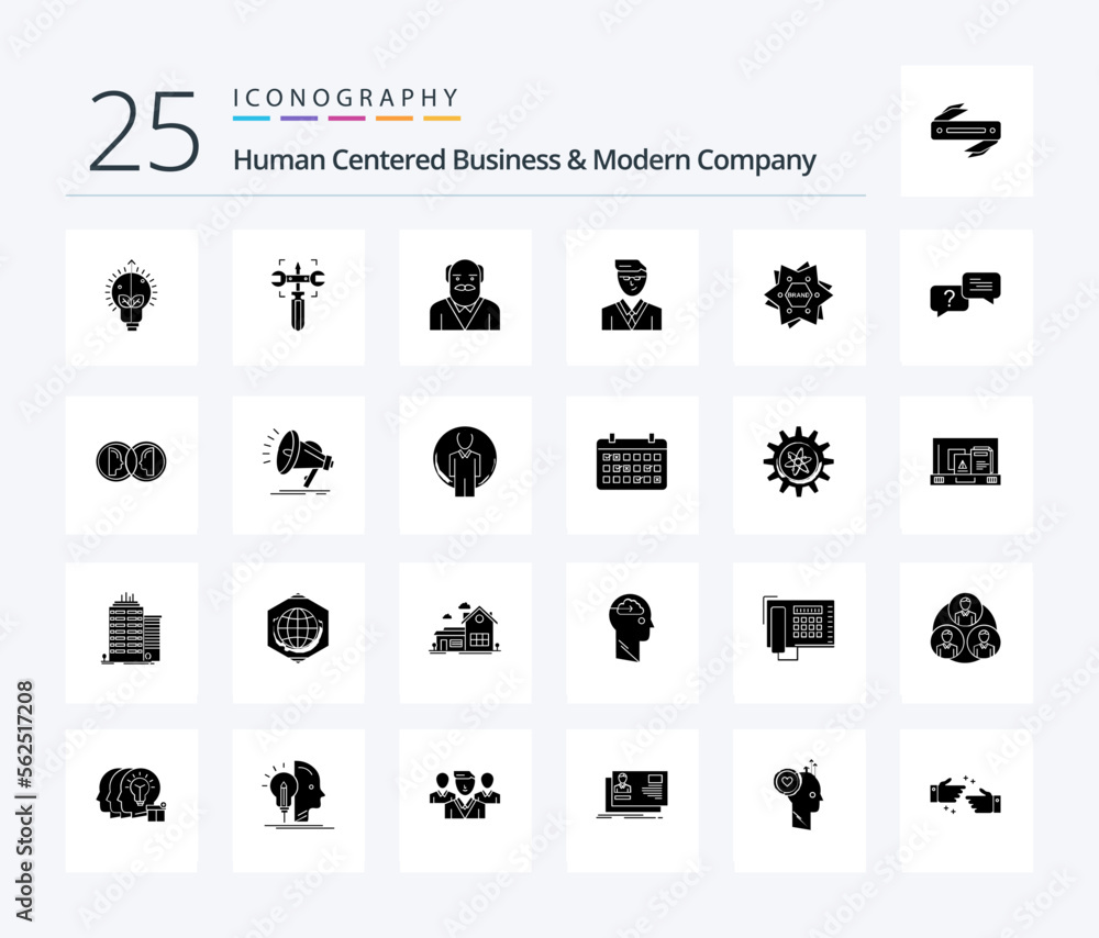 Human Centered Business And Modern Company 25 Solid Glyph icon pack including branding. student. grandpaa. manager. man