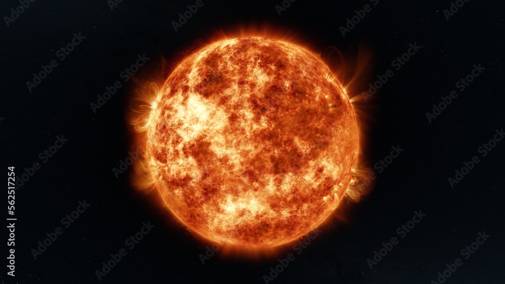 Earth's sun in outer space. Artistic concept 3D illustration as wide locked shot of solar surface with powerful bursting flares and star protuberances erupting with magnetic storms and plasma flashes. - obrazy, fototapety, plakaty 