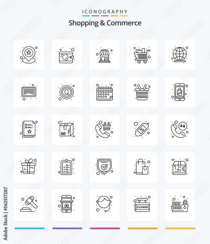 Creative Shopping And Commerce 25 OutLine icon pack  Such As globe. cart. local. trolley. groceries