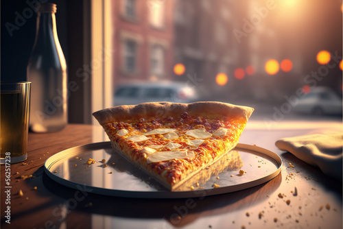 A slice of pizza with a beautiful background