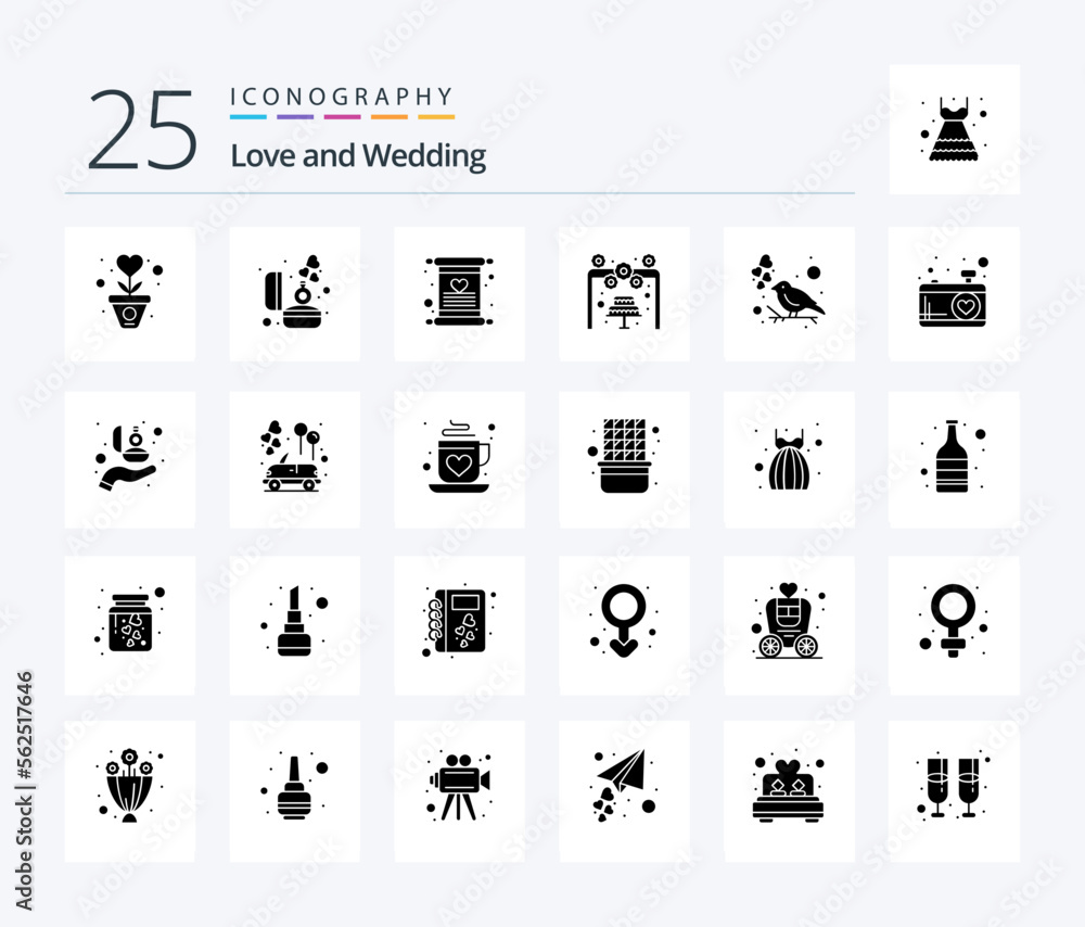 Wedding 25 Solid Glyph icon pack including bird. wedding. ring. love. wedding