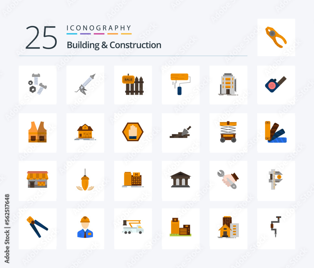 Building And Construction 25 Flat Color icon pack including roller. brush. utensils. house. sale