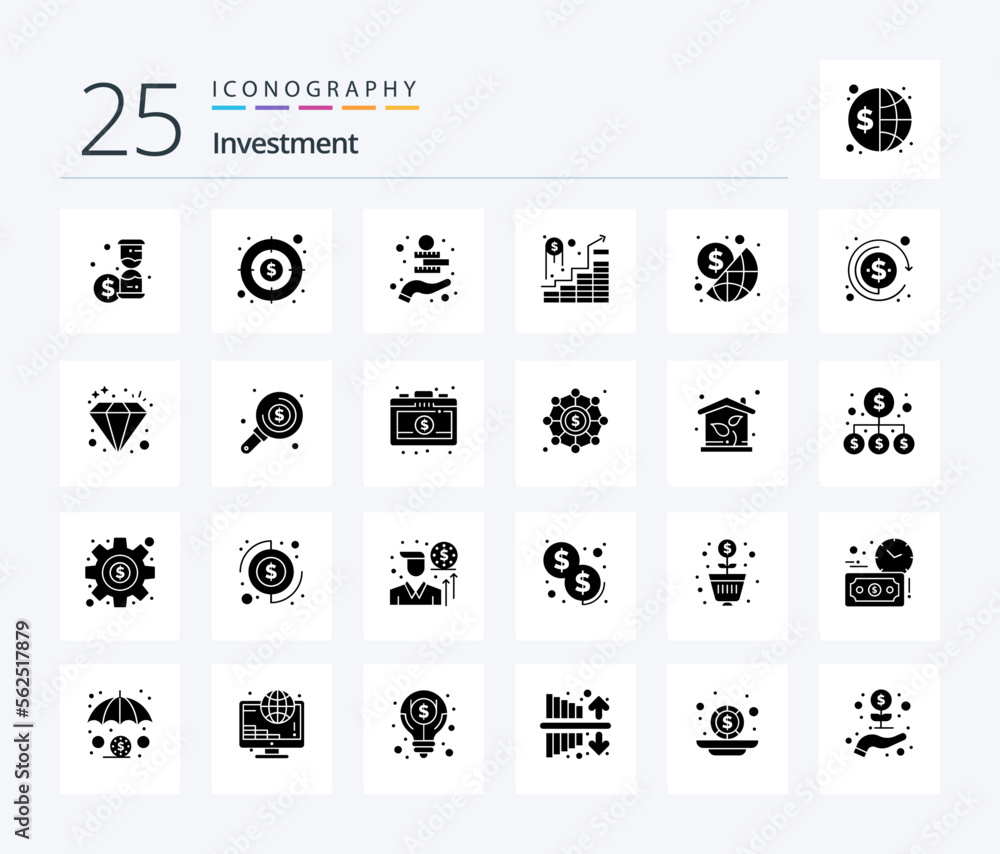 Investment 25 Solid Glyph icon pack including investment. business. money. successful investment. investment
