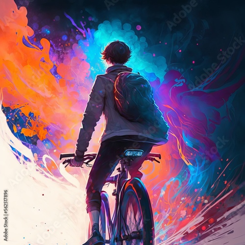 Young boy riding a bicycle at colorful background. Generative AI.