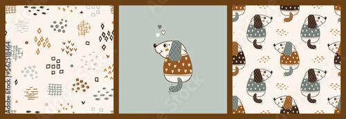 Pets. Cute Dog Set. Seamless Patterns and Poster with Little Puppies. Vector Childish Background. Baby Funny Animal. Great Kids Fashion T-shirt Print Design, Nursery Wallpaper etc.