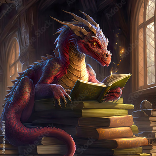 A red dragon laying on a pile of books in a library and reading a magical book. Created with Generative AI.