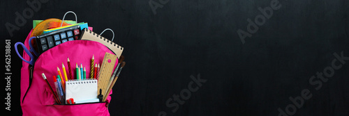 a school banner with a pink backpack and .school stationery on the empty school blackboard.