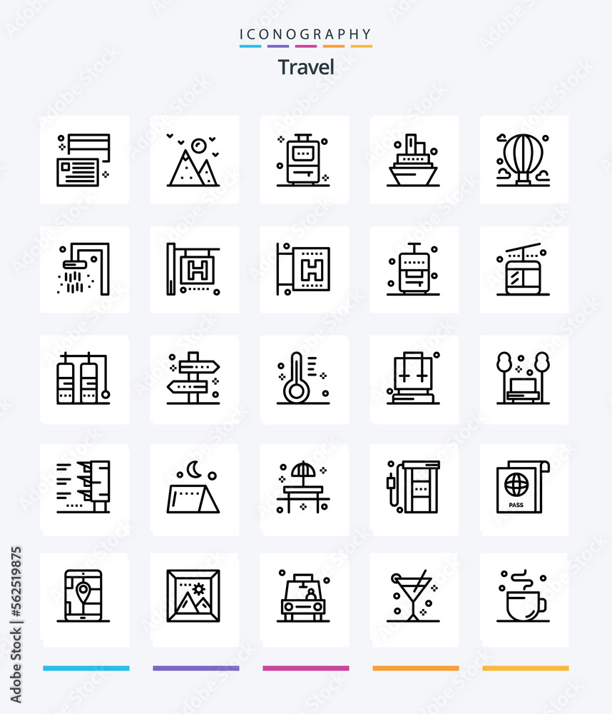 Creative Travel 25 OutLine icon pack  Such As cloud. adventure. mountain. travel. cruise - obrazy, fototapety, plakaty 