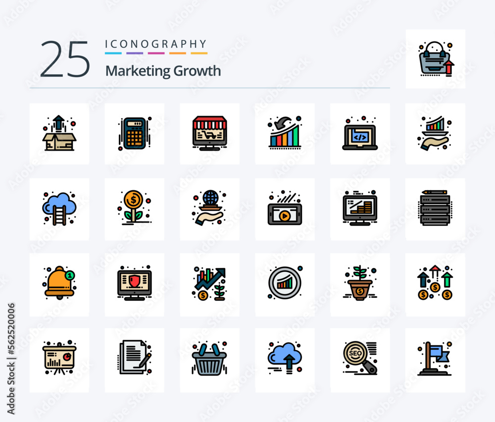 Marketing Growth 25 Line Filled icon pack including growth. down. accounts. businessman. store