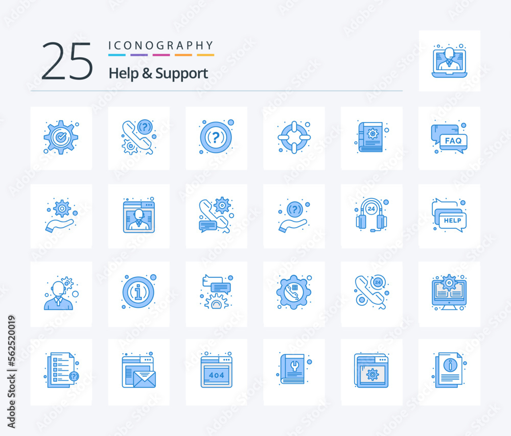 Help And Support 25 Blue Color icon pack including book. lifesaver. help. help. help