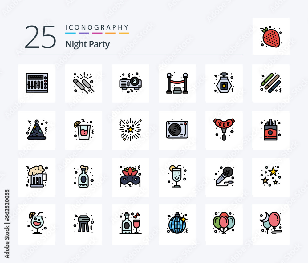Night Party 25 Line Filled icon pack including party. perfume. night. party. queue