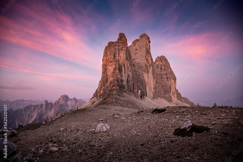 Tre Cime di Lavaredo - Mountains in Dolomites, Italy during sunny summer day, beautiful view on amazing peaks and landscape.