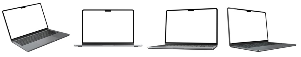 Collection of laptops with empty screen, isolated on transparent background. 3D render. 3D illustration.