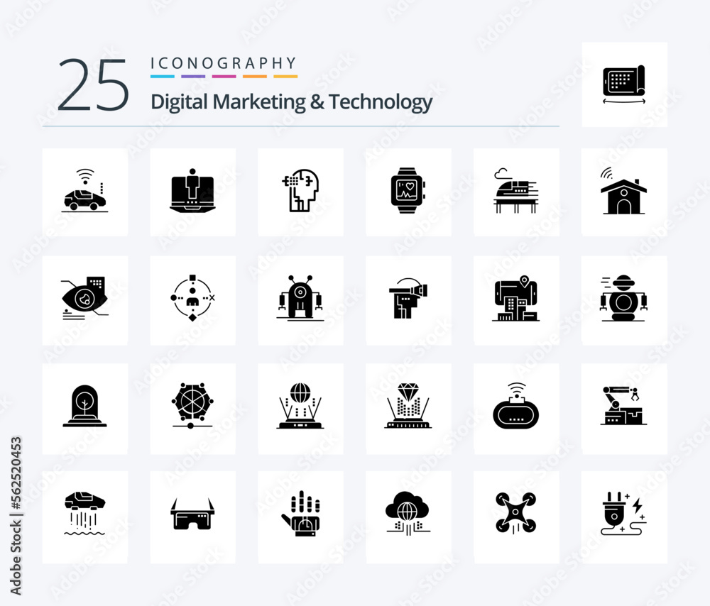 Digital Marketing And Technology 25 Solid Glyph icon pack including bullet. heart. artifical. love. handwatch
