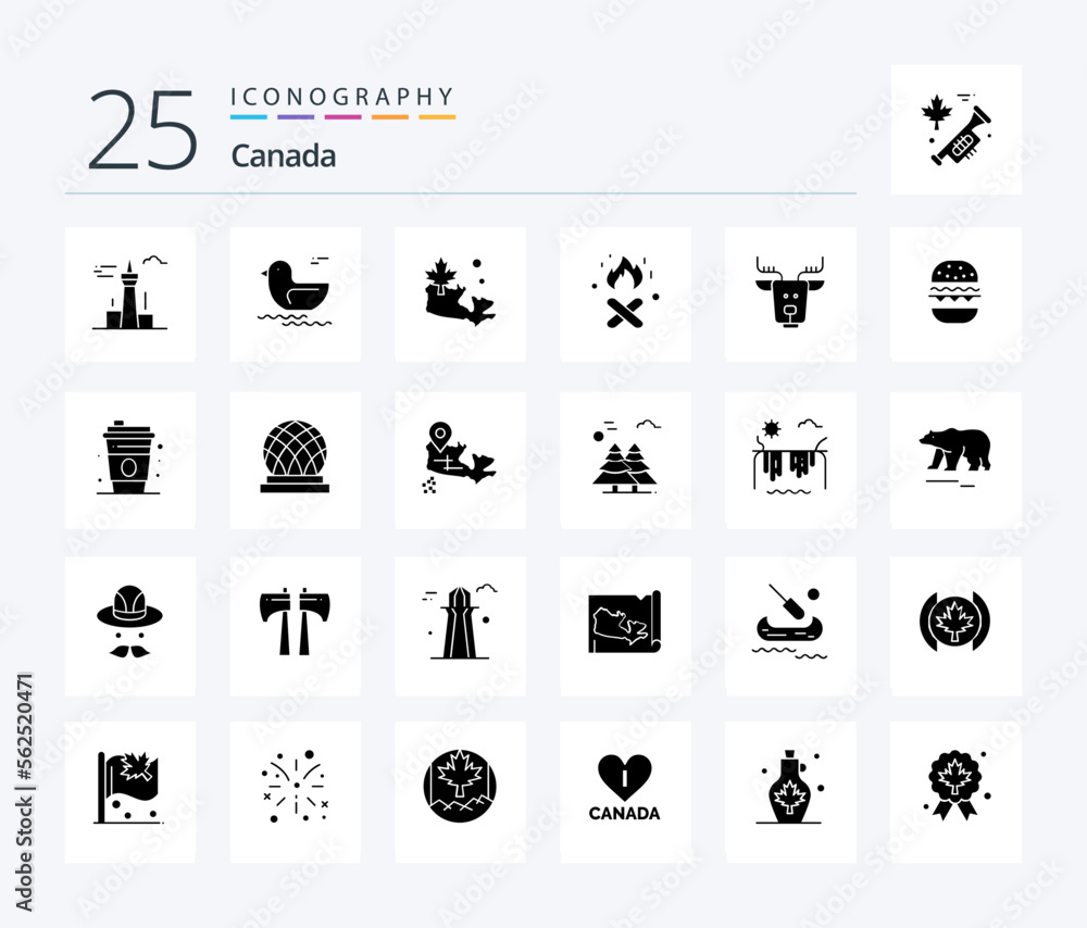 Canada 25 Solid Glyph icon pack including reindeer. arctic. map. alpine. fire place