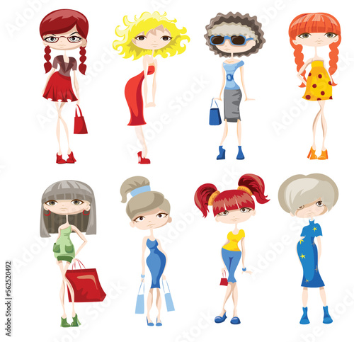 Vector set of cute blond, redhead and other fashion girls in dresses, shorts and sneakers with bags